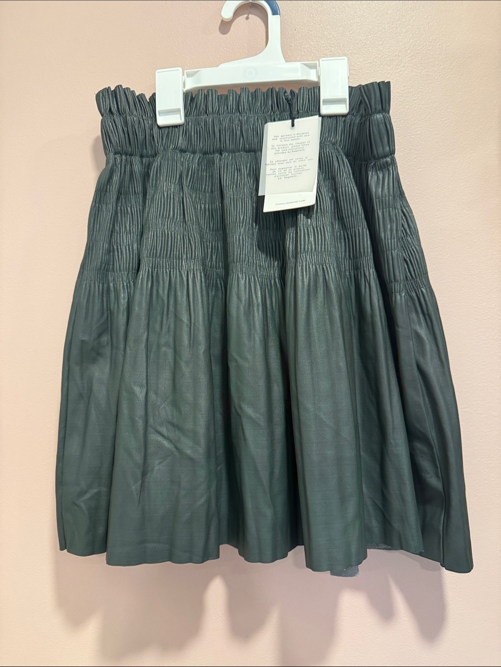 7 For All Mankind Dark Green/Gray Smocked-Waist Faux-Leather Mini Skirt